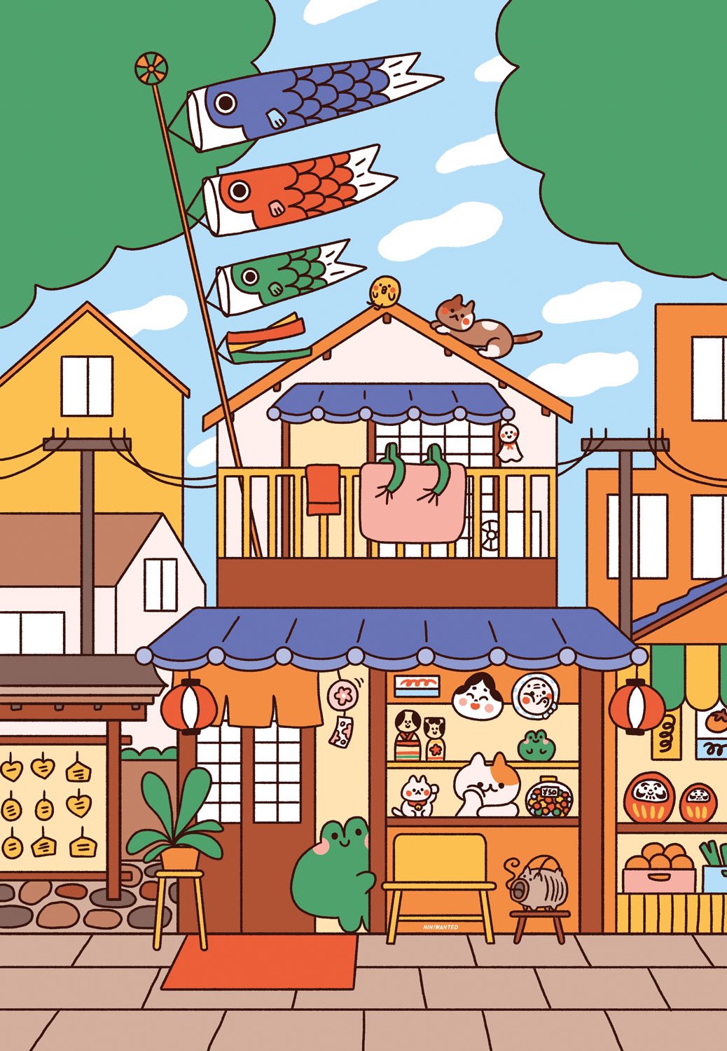 1boy, 1other, architecture, artist_name, awning, baby_animal, bird, building