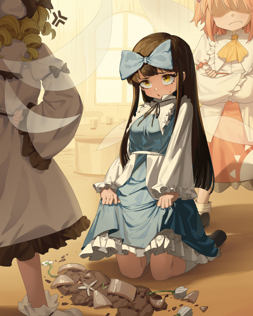 3girls, absurdres, ascot, backlighting, black_ribbon, blue_bow, blue_dress, blunt_bangs, blush, bow, breasts, broken_flower_pot, broken_pieces, brown_eyes, brown_hair, clothes_lift, commentary_request, crossed_arms, dress, fang, fang_out, flower, flower_pot, frilled_shirt_collar, frills, full_body, hair_bow, hand_on_own_hip, highres, indoors, kneehighs, kneeling, leaning_back, lifting_own_clothes, long_hair, long_sleeves, looking_at_another, luna_child, multiple_girls, petticoat, plant, potted_plant, puffy_long_sleeves, puffy_sleeves, ribbon, sidelocks, skirt, skirt_lift, small_breasts, socks, soil, solo_focus, star_sapphire, sunny_milk, sweat, touhou, upturned_eyes, very_long_hair, white_dress, white_flower, white_socks, wide_sleeves, window, yazato_ichimushi, yellow_ascot, yellow_eyes