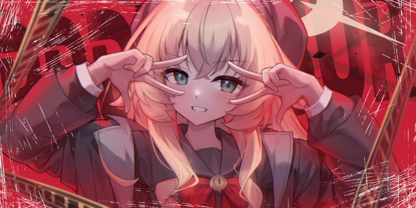 1girl, black_hat, black_jacket, black_sailor_collar, black_shirt, blonde_hair, blue_archive, blush