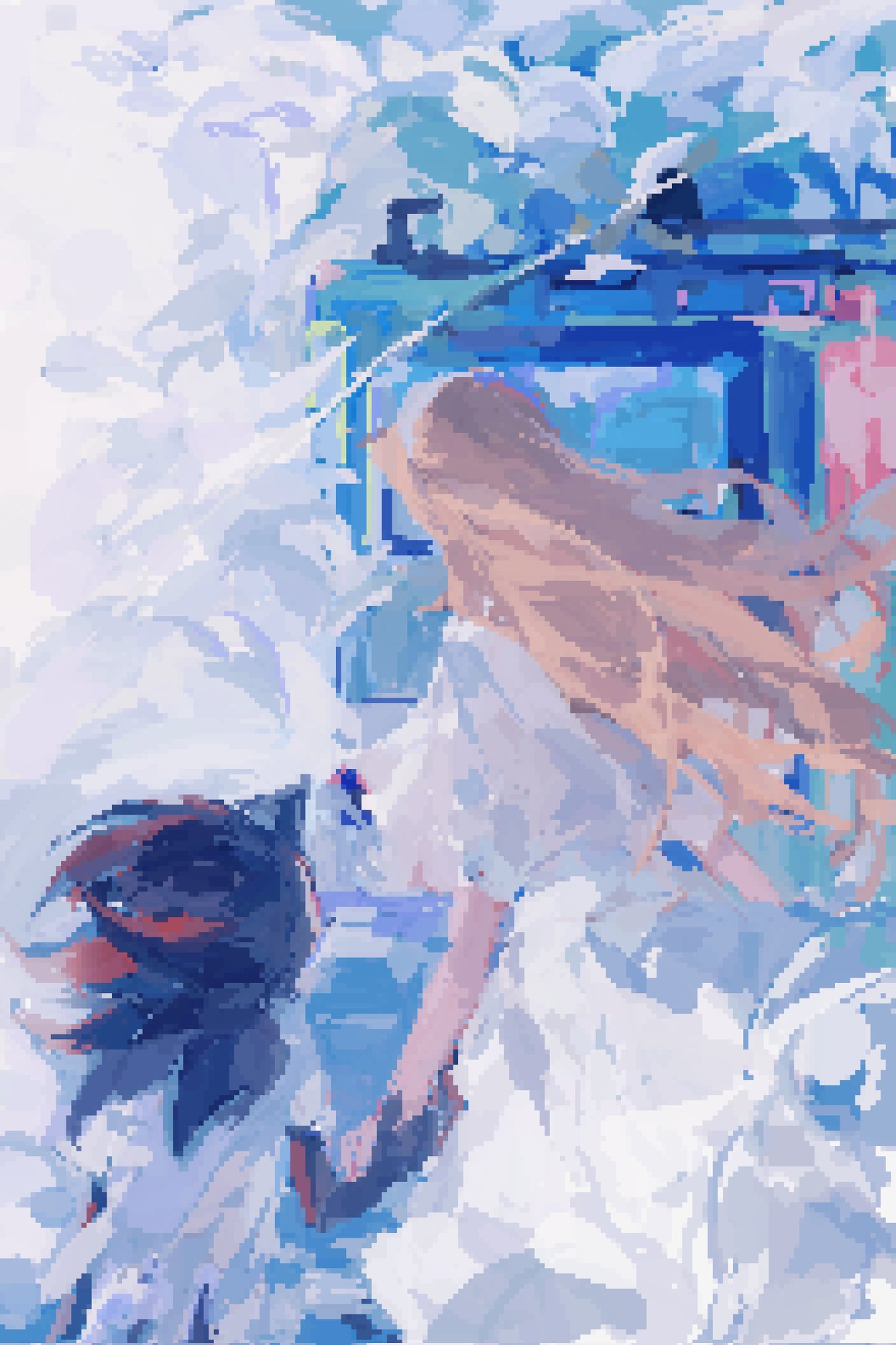 1boy, 1girl, blonde_hair, ciuchviicuq, clouds, dress, from_behind, furry