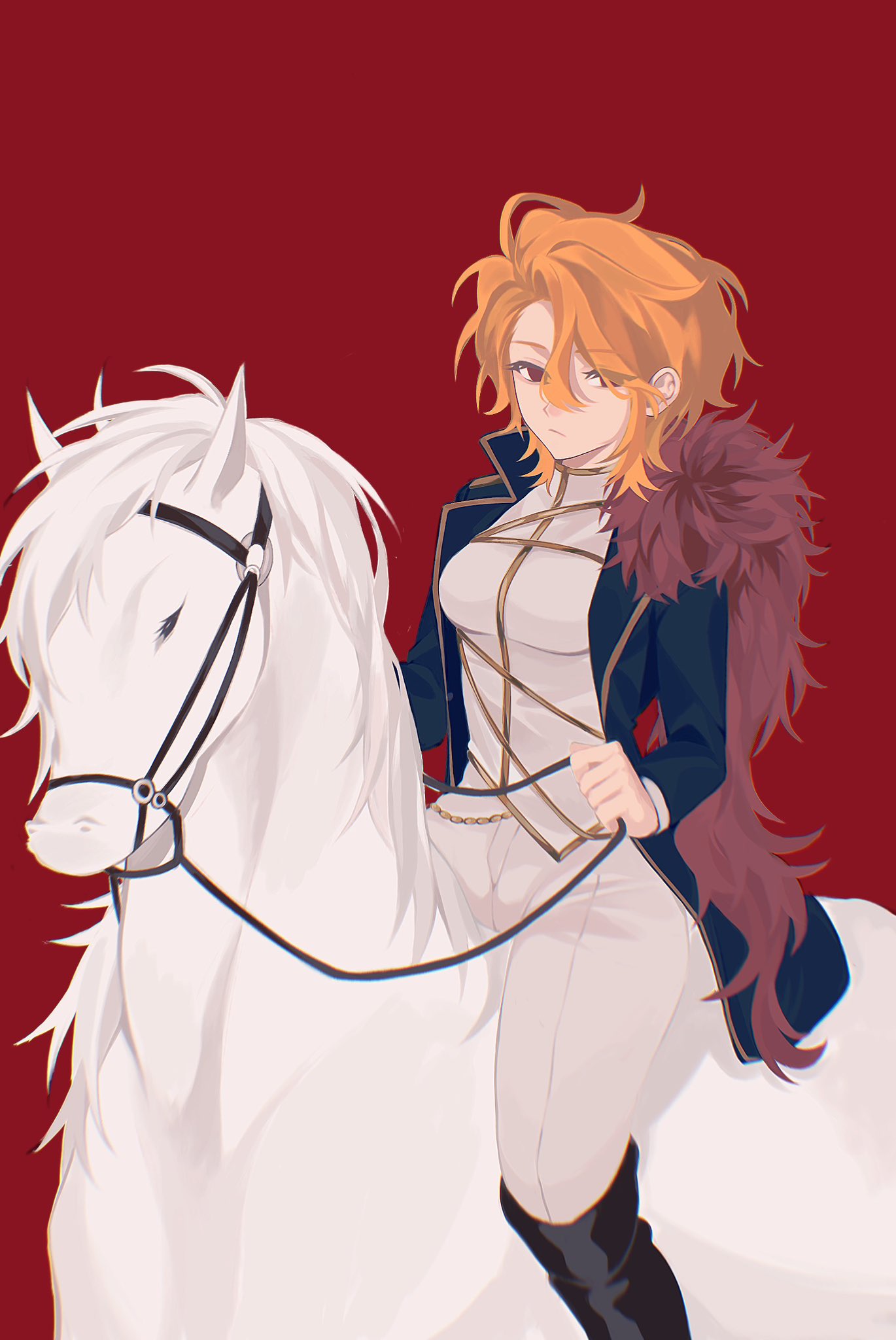 1girl, black_coat, black_shoes, blonde_hair, closed_mouth, coat, don_quixote_(project_moon), feather_boa, gold_trim, highres, horse, horseback_riding, lapels, limbus_company, long_sleeves, looking_at_viewer, pants, parted_bangs, project_moon, red_background, red_eyes, riding, sancho_(project_moon), shirt, shoes, short_hair, simple_background, sitting, solo, ss0_520, upper_body, white_horse, white_pants, white_shirt
