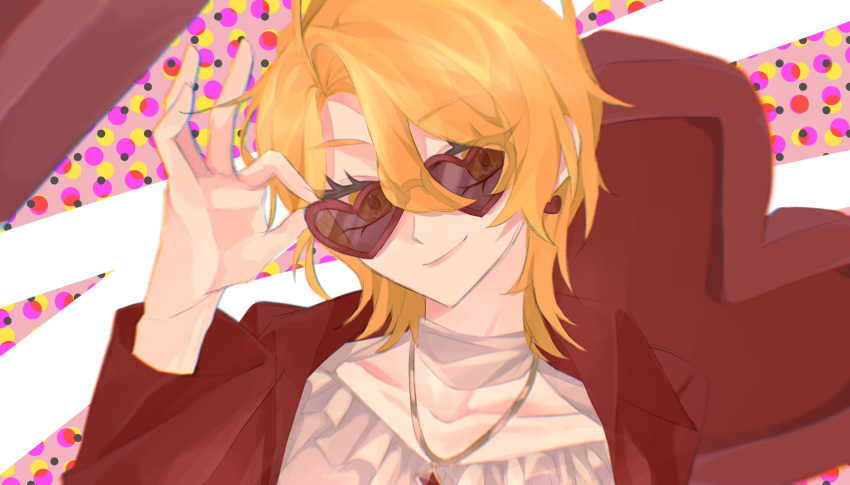 1girl, alternate_costume, blonde_hair, don_quixote_(project_moon), earrings, heart, heart-shaped_eyewear, highres, jacket, jewelry, limbus_company, looking_at_viewer, necklace, parted_bangs, project_moon, red_jacket, shirt, short_hair, simple_background, smile, solo, ss0_520, sunglasses, upper_body, white_shirt, yellow_eyes