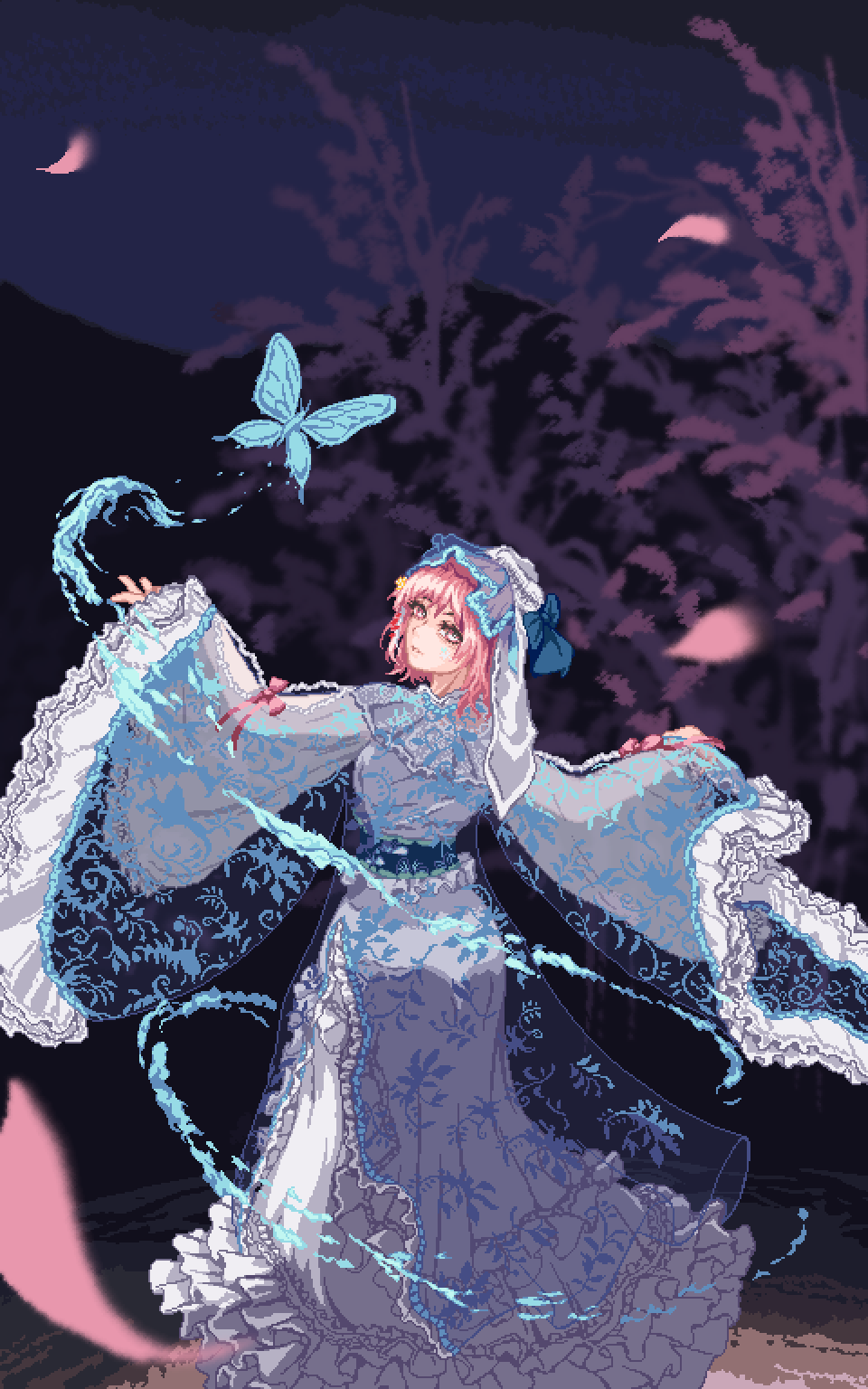 1girl, blue_bow, blue_butterfly, blue_kimono, blue_sash, blue_veil, bow, bug