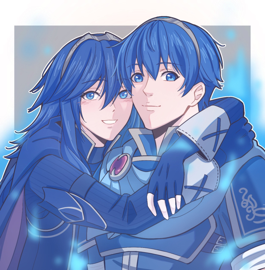 1boy, 1girl, ancestor_and_descendant, armor, aura, blue_aura, blue_eyes, blue_gloves