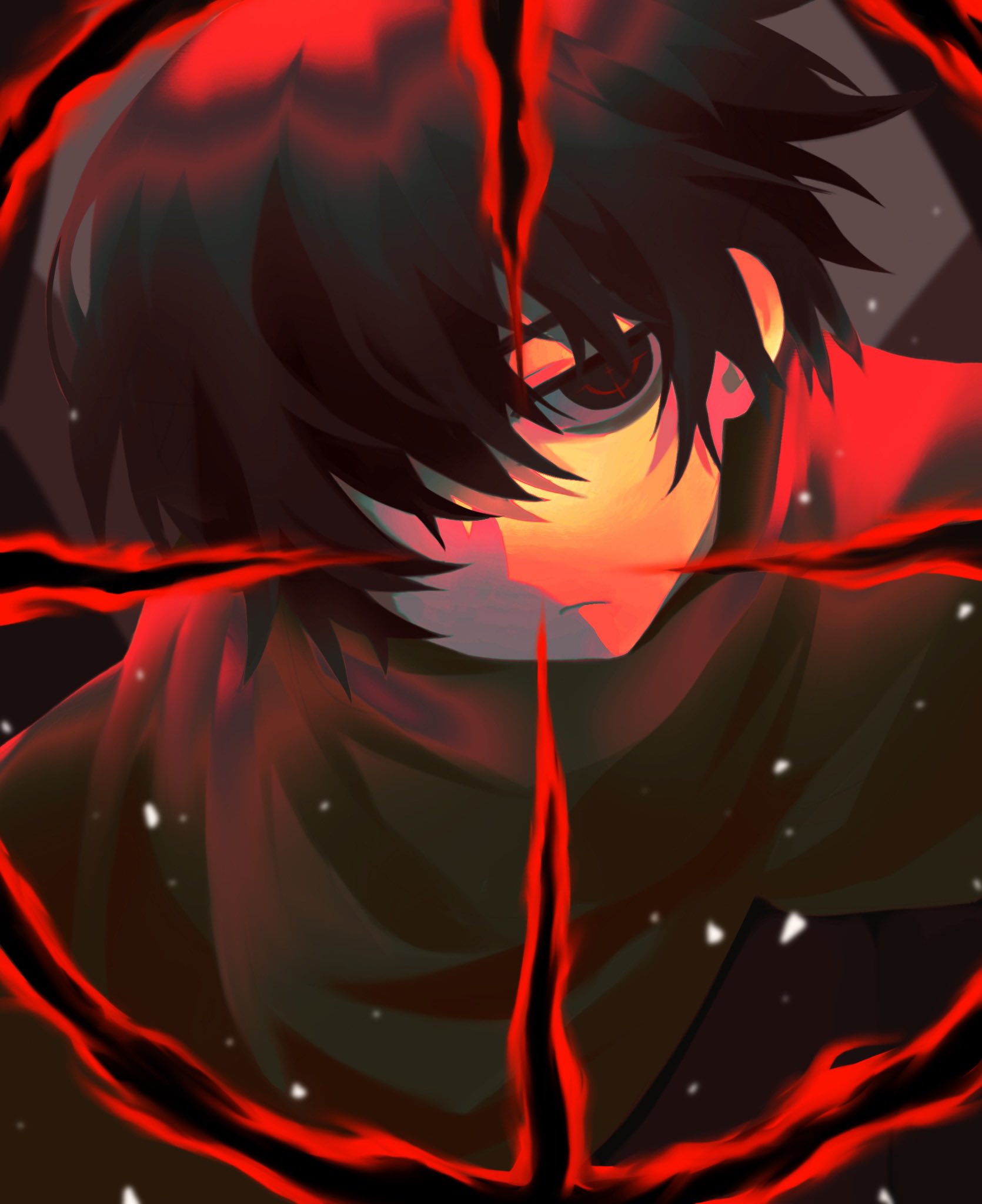 1boy, black_eyes, black_hair, brown_scarf, closed_mouth, e.g.o_(project_moon), fell_bullet_(e.g.o), grey_background