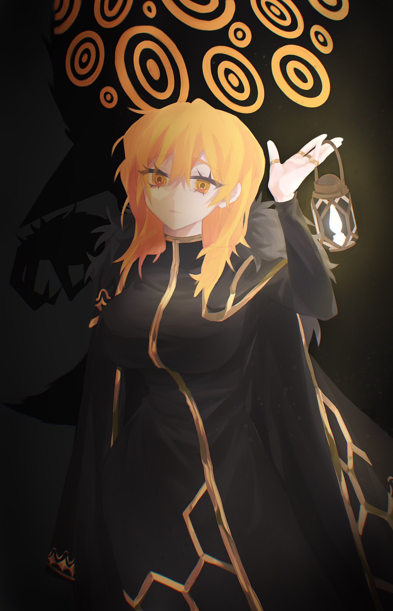 1girl, big_bird_(project_moon), binah_(project_moon), binah_(project_moon)_(cosplay), black_background, black_coat, black_dress, blonde_hair