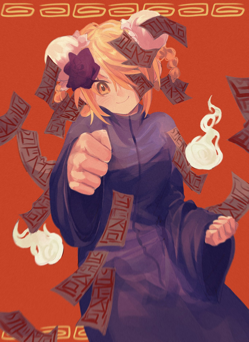 1girl, blonde_hair, blue_robe, don_quixote_(project_moon), double_bun, e.g.o_(project_moon), flower, hair_bun