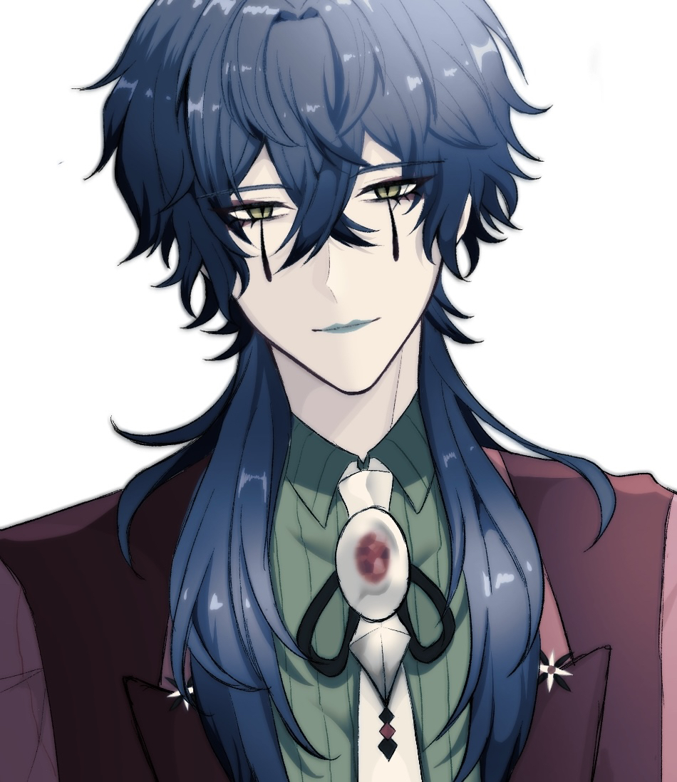 1boy, blazer, blue_hair, blue_lips, bolo_tie, closed_mouth, clown, commentary_request