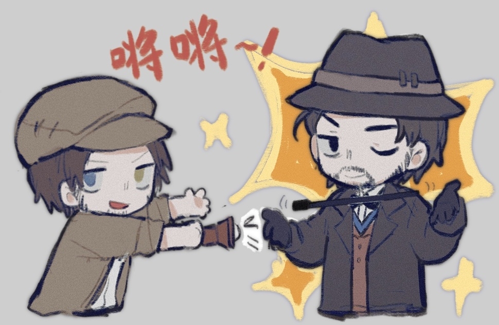 2boys, ;), beard_stubble, black_gloves, black_hair, black_hat, black_jacket, blue_eyes