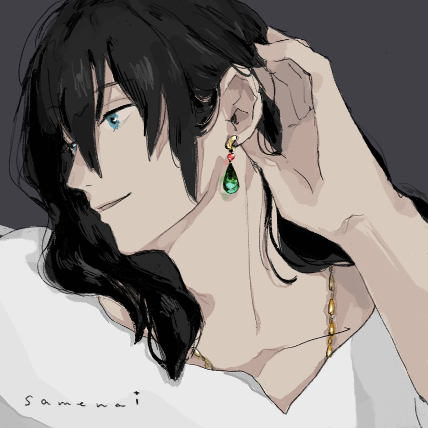 1boy, black_hair, blue_eyes, commentary_request, earrings, grey_background, hair_behind_ear, hair_between_eyes
