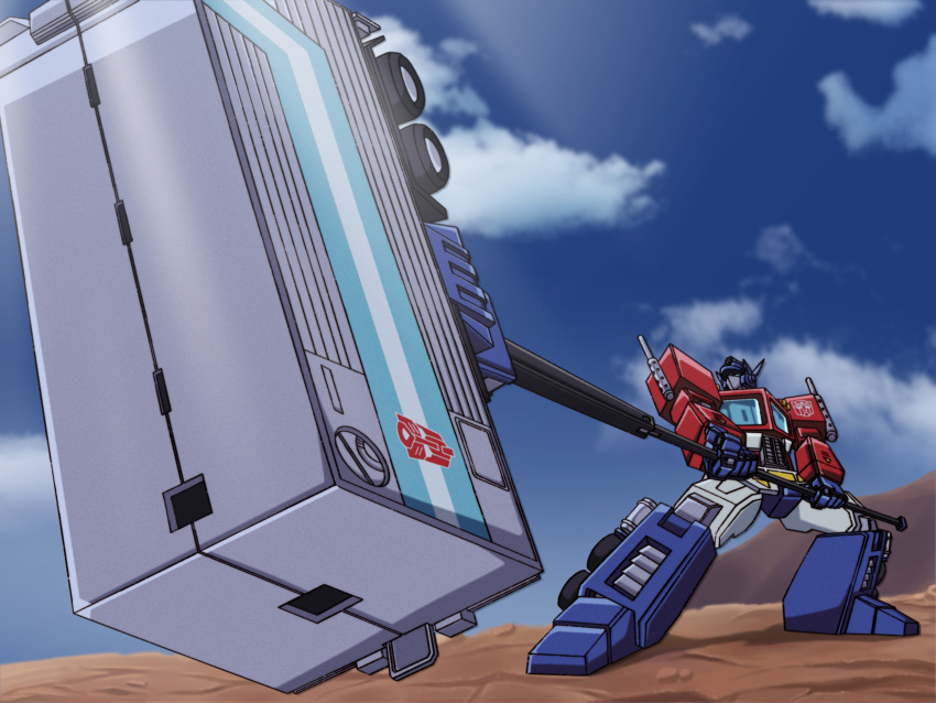 1boy, autobot, blue_eyes, blue_sky, canni_can, commentary, day, english_commentary