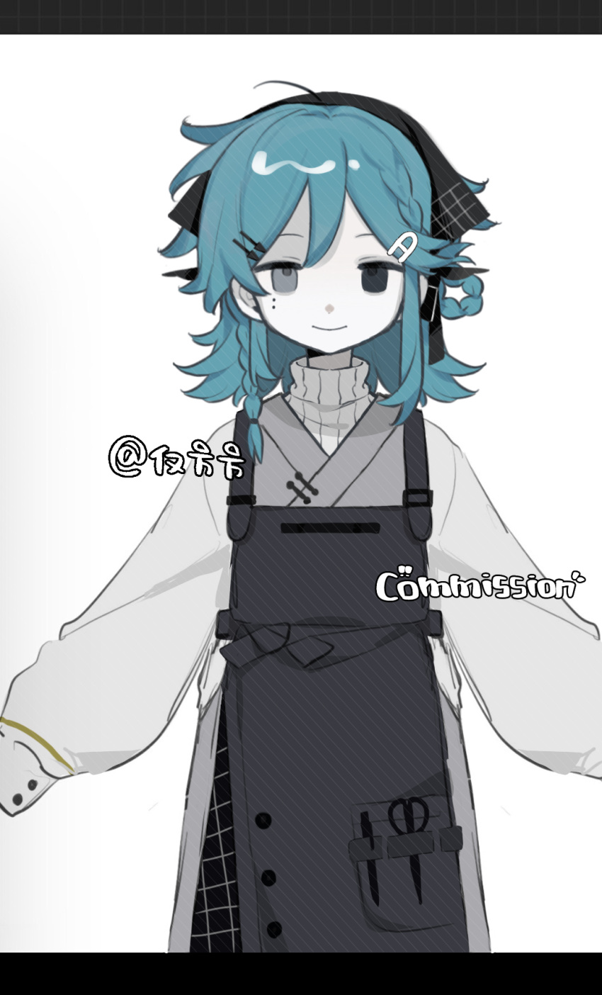 1girl, apron, apron_pocket, arrow_hair_ornament, art_program_in_frame, black_apron, black_eyes, blue_hair