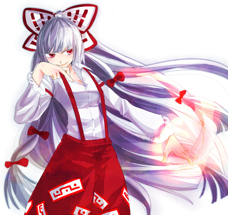 bad_id, bluespeaker, bow, dress_shirt, fire, fujiwara_no_mokou, hair_bow, hair_ribbon