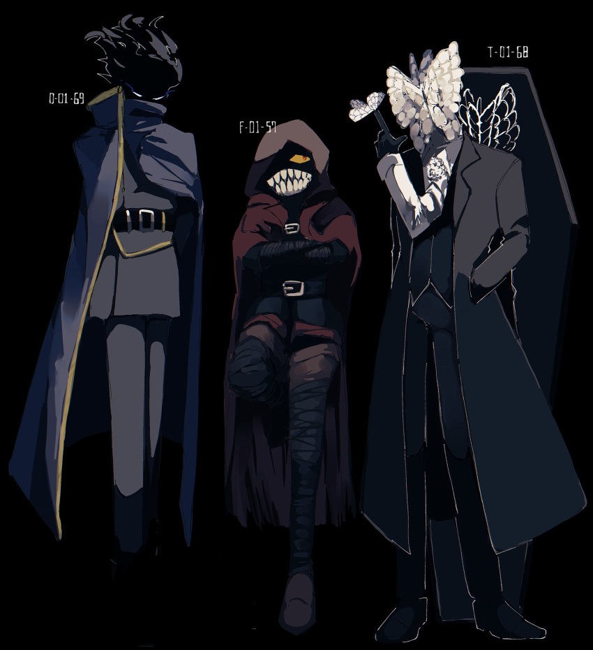 3others, animal_head, arms_behind_back, bandaged_leg, bandages, belt, black_background, black_butterfly