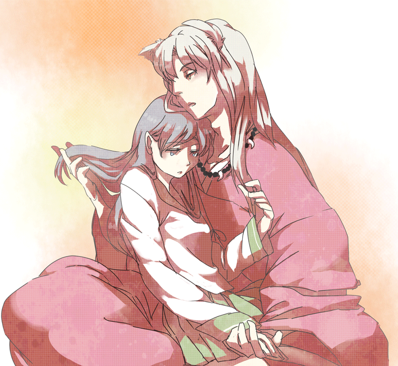 1girl, animal_ears, bad_id, couple, dog_ears, hair_grab, higurashi_kagome, inuyasha, inuyasha_(character), nolife, school_uniform, serafuku, sitting