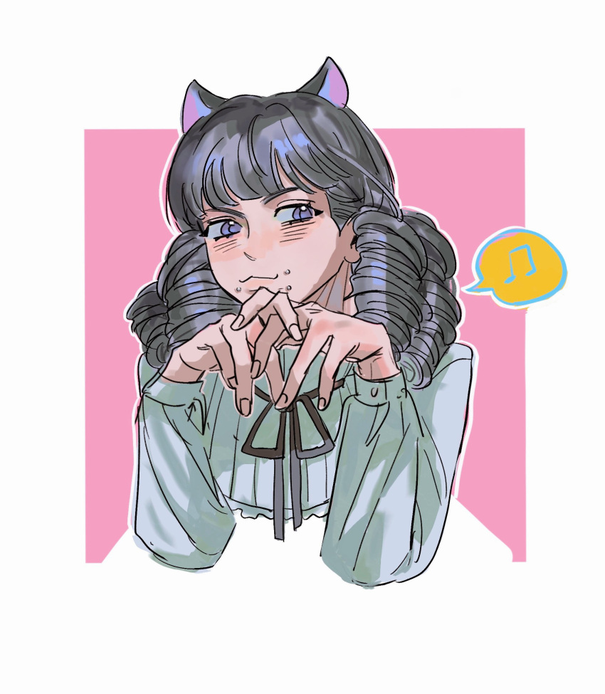 1girl, :3, animal_ears, black_ribbon, brown_hair, cat_ears, cat_girl, closed_mouth