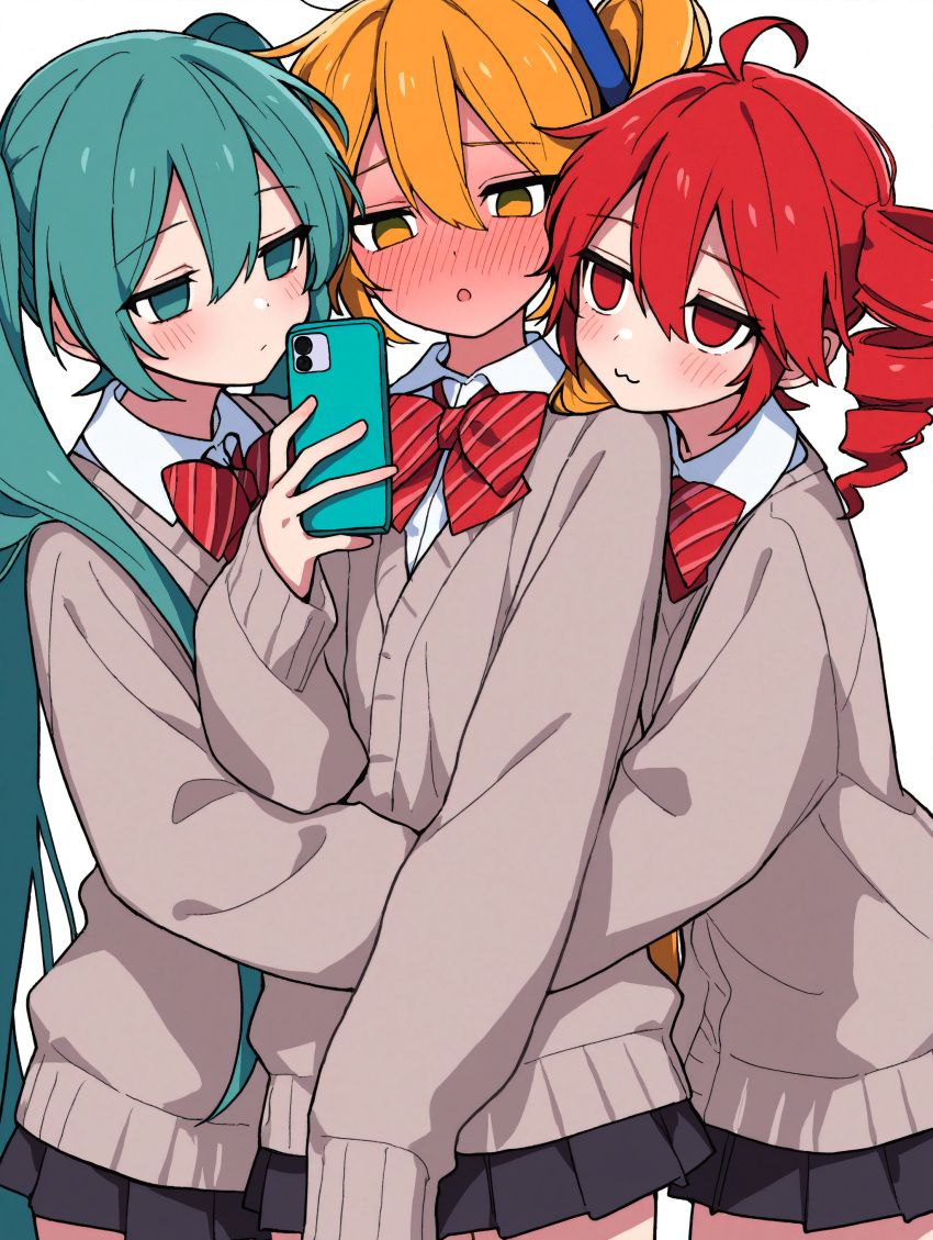 3girls, absurdres, ahoge, akita_neru, aqua_eyes, aqua_hair, blush, bow