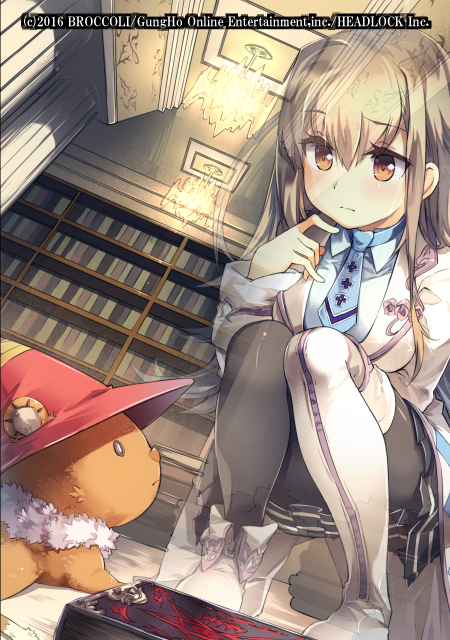 1girl, black_pantyhose, black_skirt, blue_necktie, book, bookshelf, boots, brown_eyes, dress, emil_chronicle_online, frilled_skirt, frills, kamishibaiya_iris, logo, long_hair, miya_kazutomo, necktie, official_art, pantyhose, skirt, stuffed_animal, stuffed_toy, teddy_bear, thigh_boots, translucent, white_boots, white_dress, white_hair