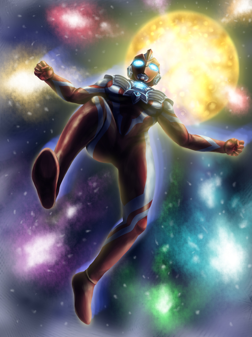 1boy, absurdres, alien, armor, blue_eyes, breastplate, clenched_hands, color_timer, colored_skin, commentary, compound_eyes, dorsal_fin, from_below, full_body, galaxy, glowing, glowing_eyes, highres, large_pectorals, leg_up, looking_up, male_focus, midair, multicolored_skin, muscular, muscular_male, omega_slugger, outstretched_arms, pectorals, red_skin, silver_skin, solo, space, spread_arms, star_(sky), sun, tokusatsu, two-tone_skin, ultra_series, ultraman_omega, ultraman_omega_(series), universe, wrinkled_skin, yoshifuto