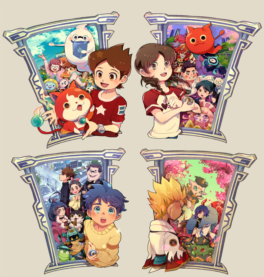 6+boys, 6+girls, amano_keita, amano_natsume, arihoshi_akinori, character_request, door, dual_persona, eiga_youkai_watch:_forever_friends, enma_daiou_(youkai_watch), fukumino85, highres, jiangshi, jibanyan, junior_(youkai_watch), kodama_fumika, koma-san, komajirou, komasan, micchy, misora_inaho, multiple_boys, multiple_girls, nekomata_(youkai_watch), oni, related, shirt, shutendouji_(shadowside), t-shirt, tablet_pc, tsukinami_touma, whisper_(youkai_watch), youkai_(youkai_watch), youkai_pad, youkai_watch, youkai_watch_4, youkai_watch_shadowside