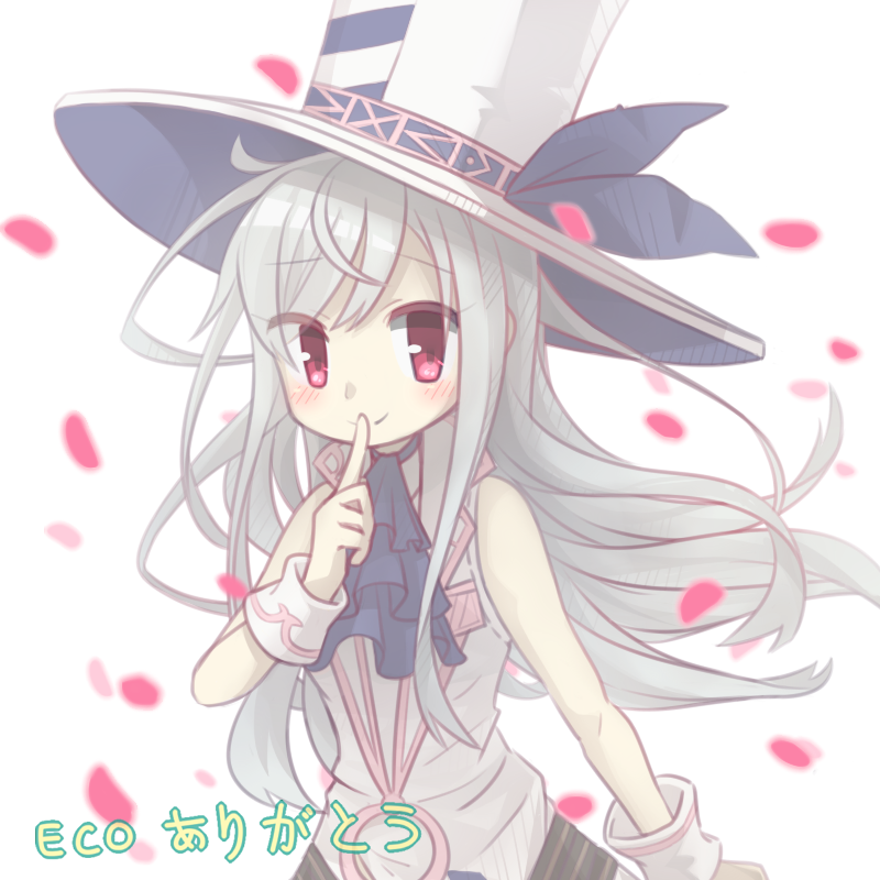 1girl, bare_shoulders, blue_ribbon, commentary, dress, emil_chronicle_online, finger_to_mouth, hat, hat_ribbon, ka_zhi, kamishibaiya_iris, long_hair, neck_ribbon, petals, red_eyes, ribbon, shirt, shushing, upper_body, white_background, white_dress, white_hair, white_hat, white_shirt, wristband