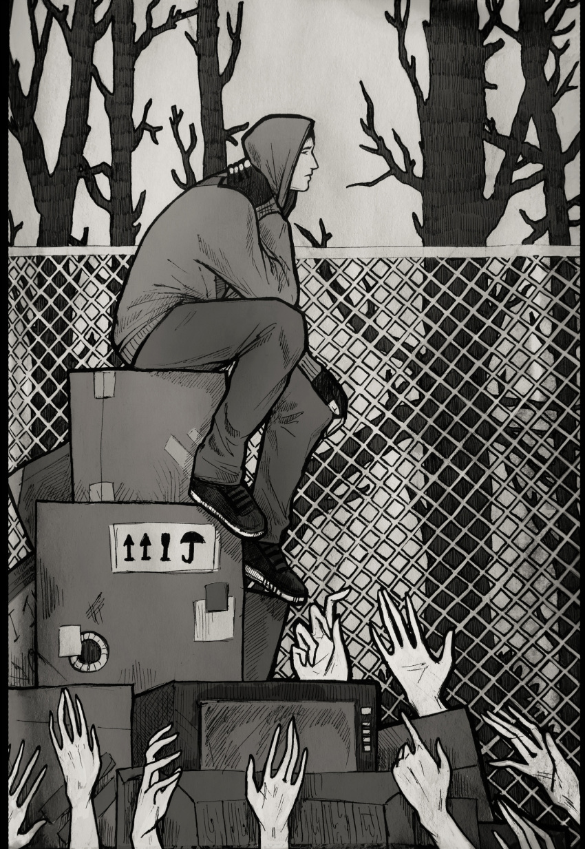 bare_tree, black_gloves, box, cardboard_box, cellar_art, cry_of_fear, fence, fingerless_gloves, forest, from_side, gloves, grey_hoodie, greyscale, hand_on_knees, heart, highres, hood, hood_up, hoodie, iron_fence, monochrome, nature, on_box, out_of_frame, reaching, reaching_towards_another, simon_henriksson, sitting, sitting_on_box, slouching, too_many, too_many_hearts, tree