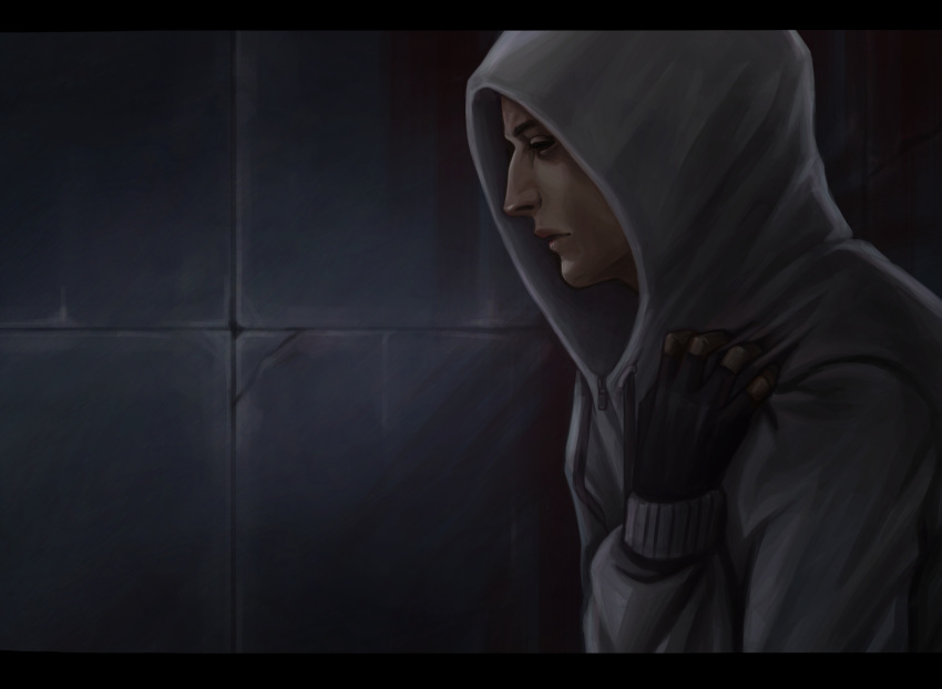 1boy, bags_under_eyes, black_eyes, black_gloves, cellar_art, clawing, clothes_grab, cry_of_fear, empty_eyes, fingerless_gloves, from_side, gloves, grey_hoodie, highres, hood, hood_up, hoodie, letterboxed, simon_henriksson, solo, tile_wall, tiles