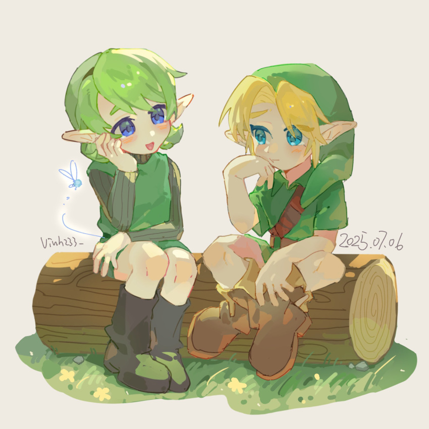 1boy, 1girl, artist_name, belt, black_boots, blonde_hair, blue_eyes, blue_pupils