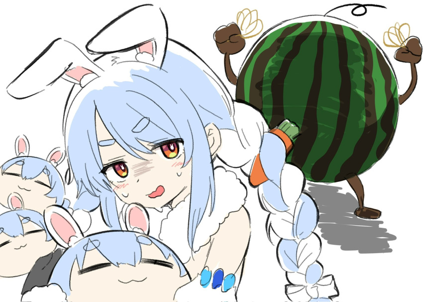 :3, animal_ear_fluff, animal_ears, bare_shoulders, blue_hair, braid, carrot_hair_ornament, closed_eyes