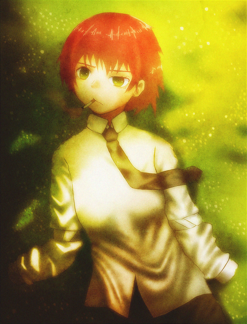 1girl, amputee, armless_amputee, cigarette, grass, green_eyes, katawa_shoujo, lying, neuwair, on_back, red_hair, school_uniform, short_hair, smoking, solo, tezuka_rin, visual_novel