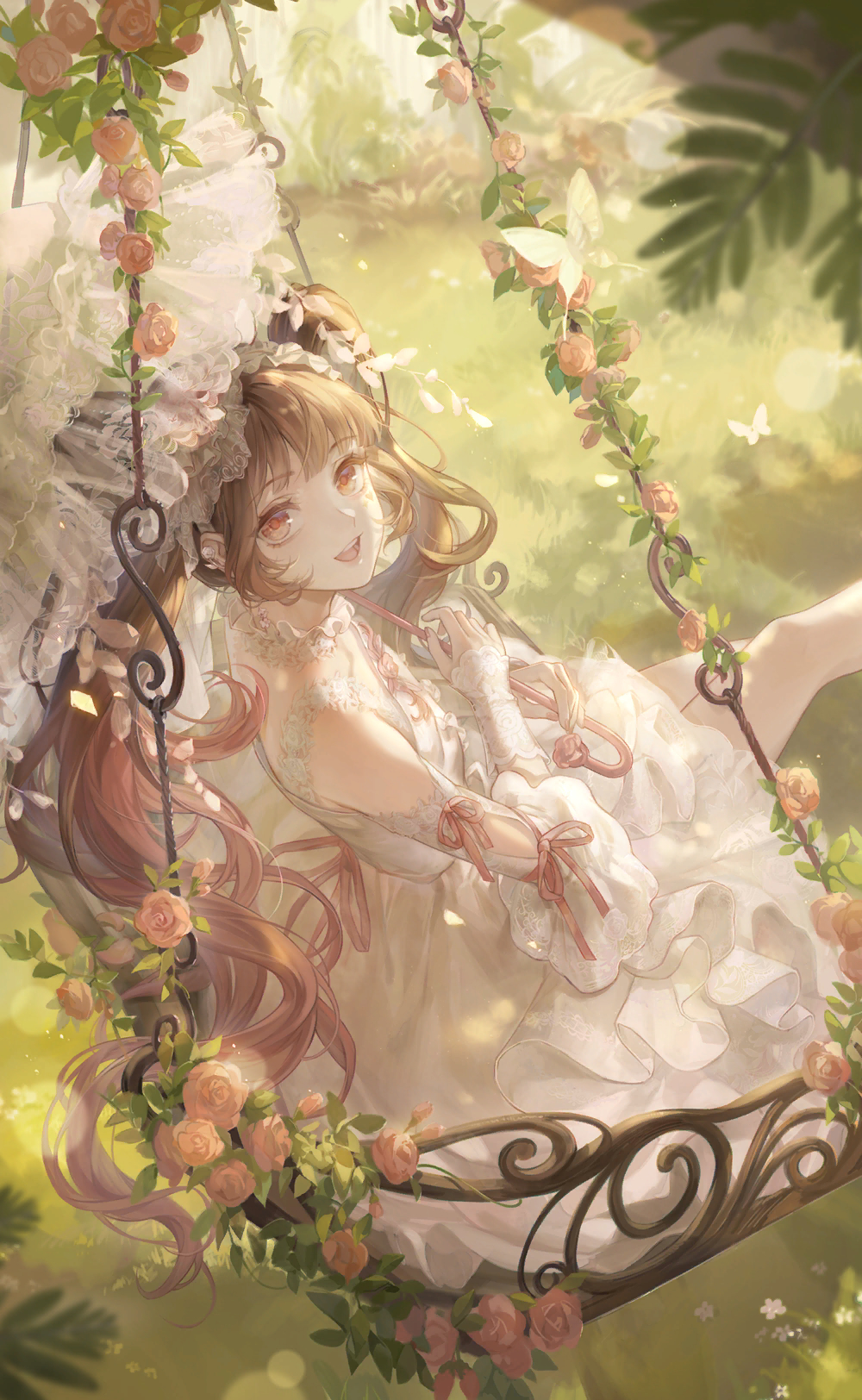 1girl, arm_cutout, artist_request, back_ribbon, bare_legs, bare_shoulders, blunt_bangs, bug