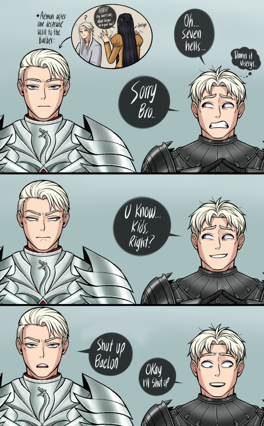 a_song_of_ice_and_fire, ackerbangbang, aemon_targaryen, angry, armor, baelon_targaryen, black_armor, english_text