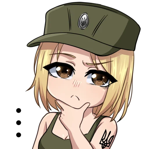1girl, azov_battalion, blonde_hair, breast_tattoo, breasts, brown_eyes, green_tank_top, hand_on_own_chin, hat, korzynka_persykiv, marichka, medium_breasts, military, military_uniform, non-web_source, original, russo-ukrainian_war, shiny_breasts, short_hair, smile, tank_top, tattoo, thinking, tryzub, ukraine