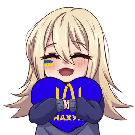 1girl, black_choker, blonde_hair, blue_sweater, blush, choker, closed_eyes, facepaint