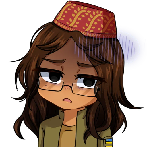 1girl, black_eyes, brown_hair, brown_shirt, crimean_flag, crimean_tatar, dark-skinned_female, dark_skin