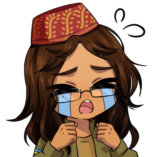 1girl, brown_hair, brown_shirt, clenched_hands, crimean_flag, crimean_tatar, crying, dark-skinned_female