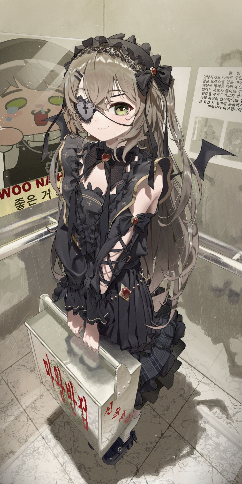 1girl, bat_wings, black_bow, black_dress, black_ribbon, black_shoes, blush, bow, breasts, brown_hair, detached_sleeves, dress, eyepatch, full_body, green_eyes, hair_ornament, hairclip, hayahbyeol, heart_ornament, highres, holding, indoors, long_hair, looking_at_viewer, poster_(object), railing, ribbon, shoes, small_breasts, socks, solo, viichan, virtual_youtuber, waktaverse, white_socks, wings