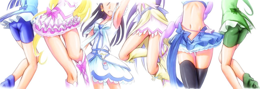 akimoto_komachi, aono_miki, armpits, ass, bike_shorts, bonnie_(artist), cure_aqua, cure_berry