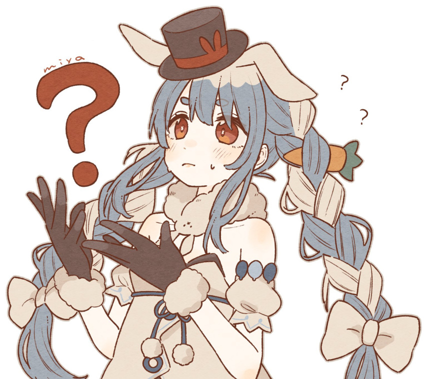 1girl, ?, animal_ears, artist_name, black_gloves, blue_hair, braid, carrot