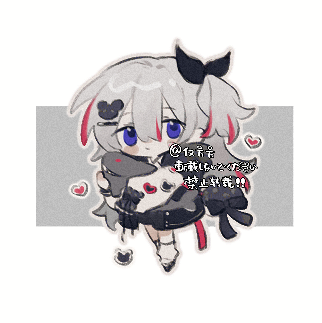 1girl, bear_hair_ornament, black_bow, black_shoes, black_skirt, blue_eyes, blush_stickers, bow