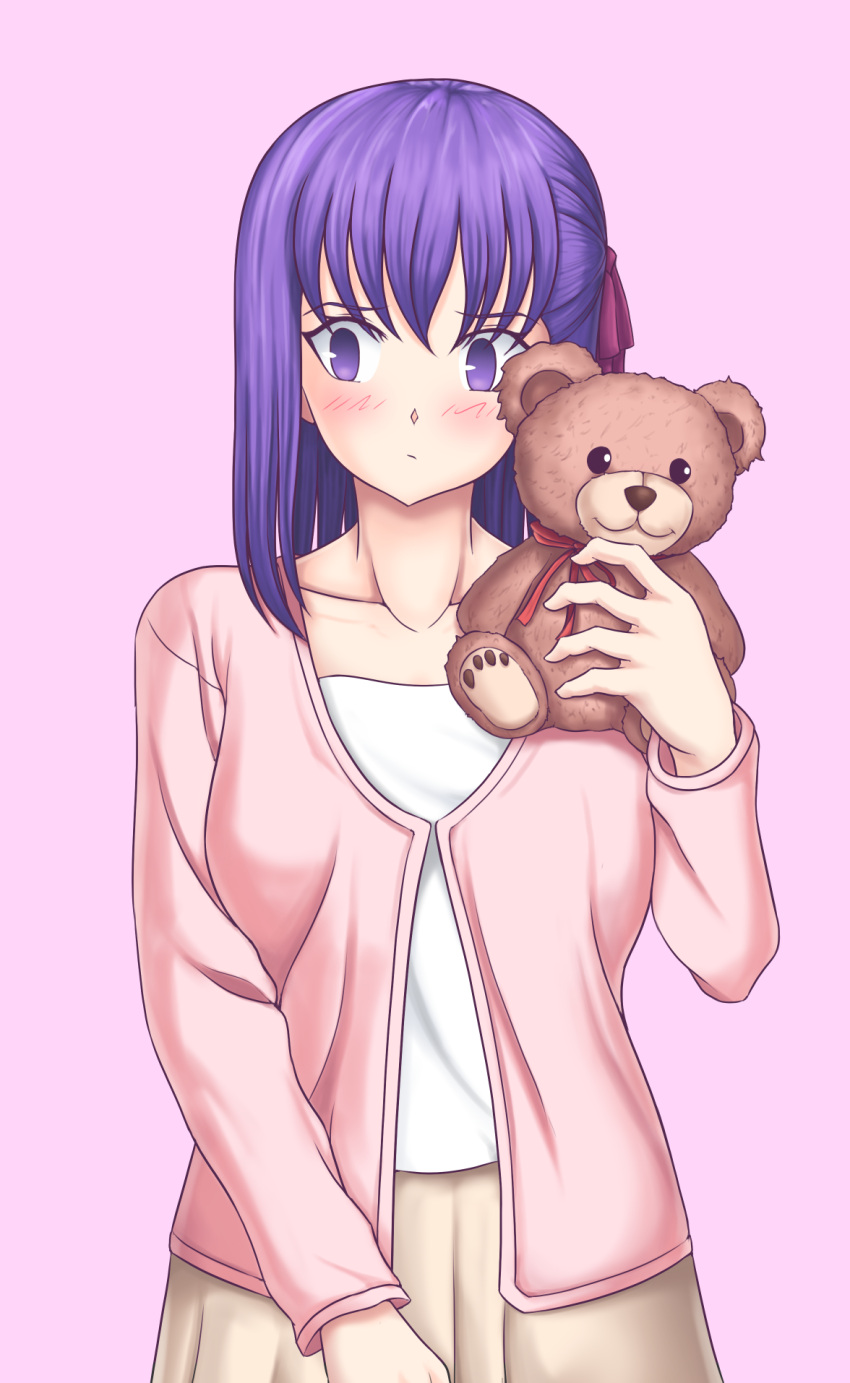 1girl, blush, breasts, fate/stay_night, fate_(series), hair_ribbon, highres, holding_teddy_bear