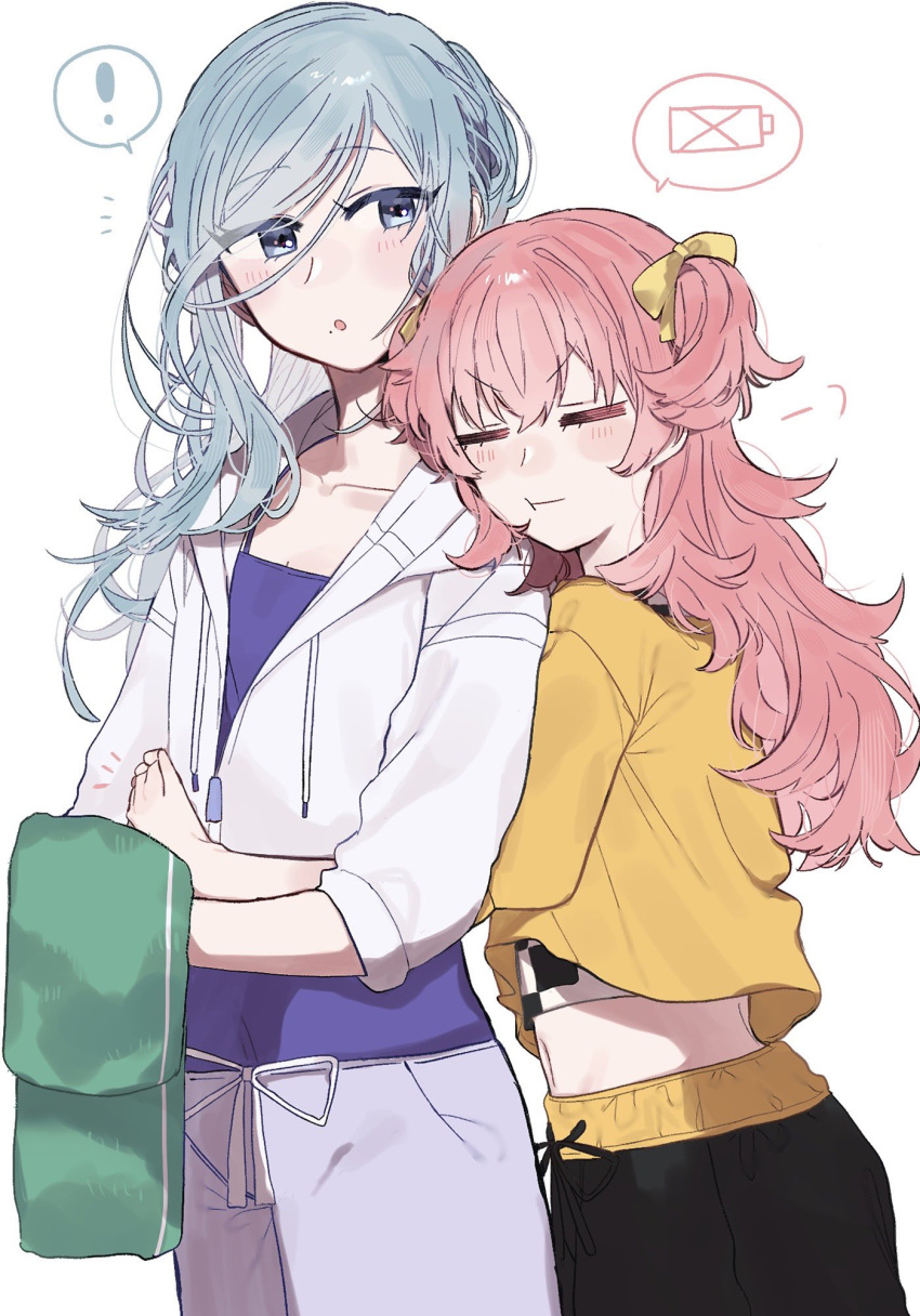!, 2girls, arms_around_waist, battery_indicator, black_pants, blue_eyes, blue_hair, closed_eyes