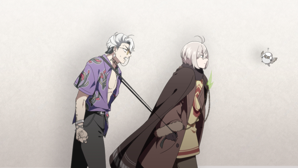 2boys, black_cape, black_gloves, black_necktie, black_pants, bracelet, brown_coat, cape