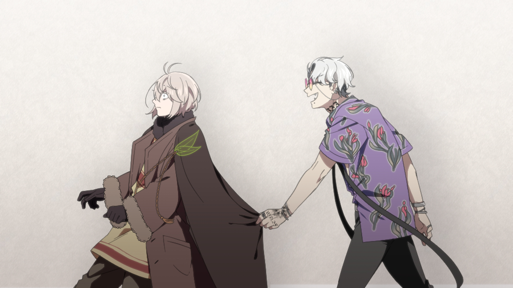 2boys, black_cape, black_gloves, black_necktie, black_pants, bracelet, brown_coat, cape