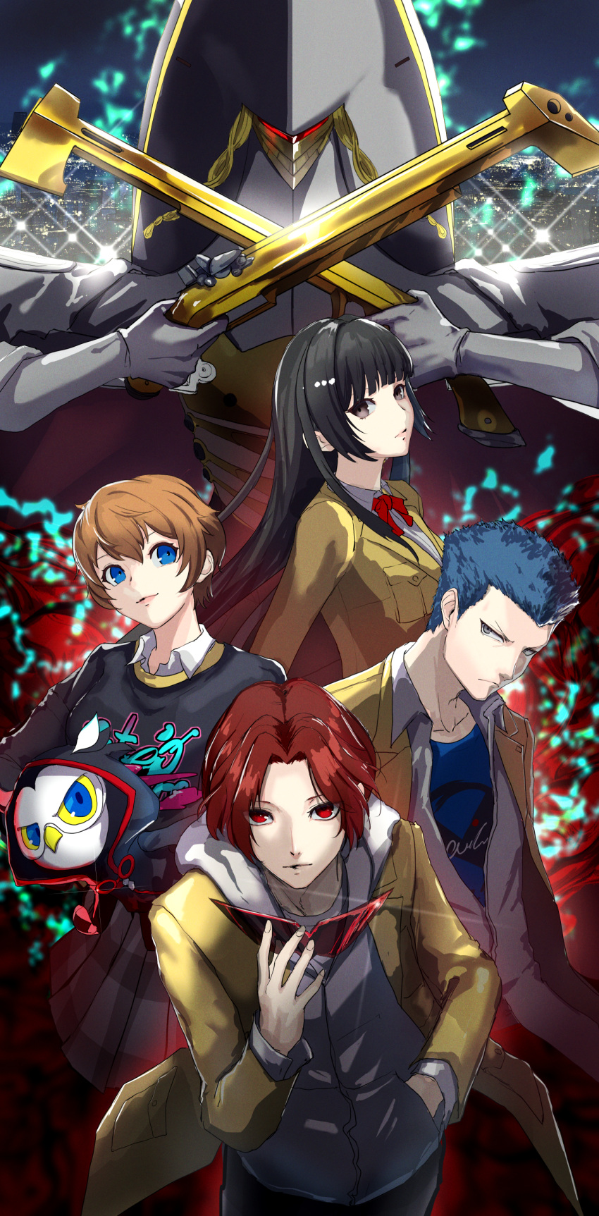 2boys, 2girls, absurdres, animal, arai_motoha, bird, black_hair, black_shirt