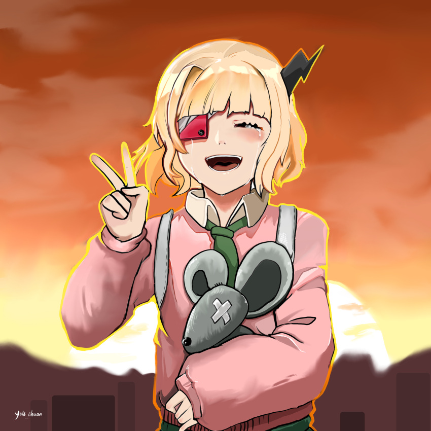 1girl, :d, ^_^, absurdres, backpack, bag, bandaged_head, bandages, black_horns, blonde_hair, blunt_bangs, blush, cellphone, closed_eyes, collared_shirt, crying, eyepatch, facing_viewer, green_neckerchief, green_skirt, highres, horns, long_sleeves, neckerchief, one_eye_covered, open_mouth, orange_sky, phone, phone_eyepatch, pink_sweater, puffy_sleeves, ruru_(shinsei_kamattechan), school_bag, shinsei_kamattechan, shirt, short_hair, single_horn, skirt, sky, smile, solo, standing, streaming_tears, stuffed_animal, stuffed_mouse, stuffed_toy, sunset, sweater, tears, teeth, upper_body, urban, v, white_bag, white_shirt, you_chuan
