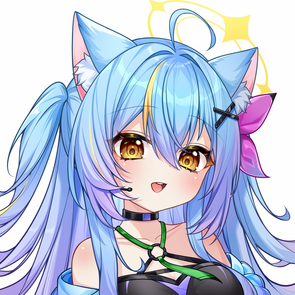 1girl, ahoge, animal_ear_fluff, animal_ears, bare_shoulders, blue_hair, cat_ears, collarbone