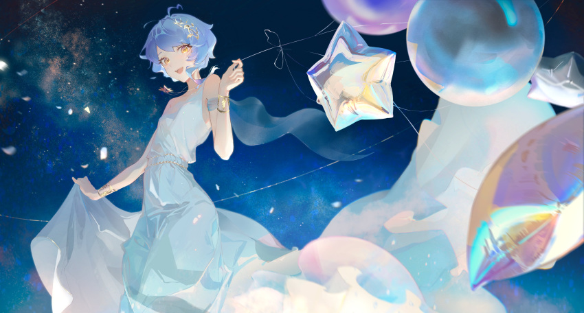 1girl, absurdres, balloon, blue_hair, bracelet, dress, haru_udon, highres