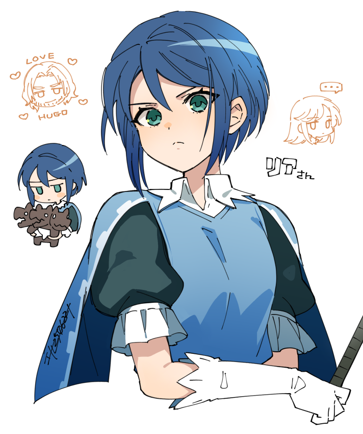 ..., 1girl, 2boys, aramis_(unicorn_overlord), blue_cape, blue_hair, blush_stickers, cape