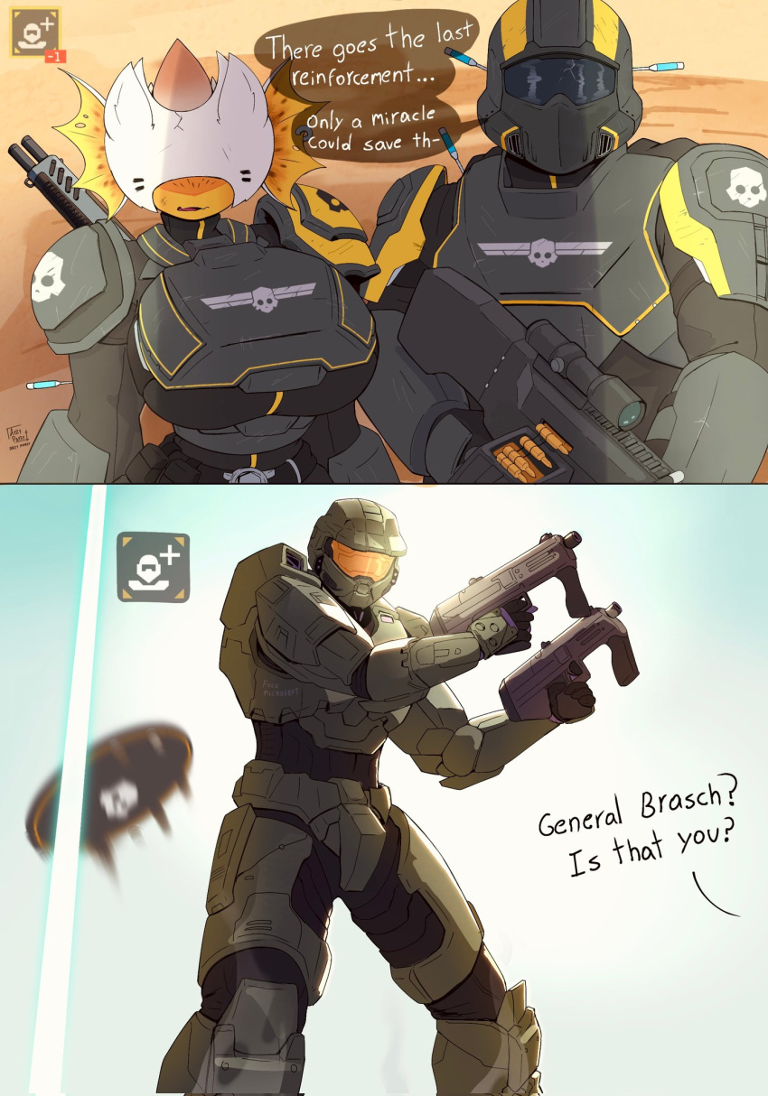 1girl, 2boys, armor, artist_name, arzyparzy, blue_sky, breasts, bulletproof_vest, cape, cracked_visor, dual_wielding, furry, furry_female, gun, halo, helldiver_(helldivers), helldivers_(series), helmet, highres, holding, hunter_(helldivers), large_breasts, machine_gun, master_chief, multiple_boys, pauldrons, power_armor, shoulder_armor, skull, sky, submachine_gun, syringe, weapon
